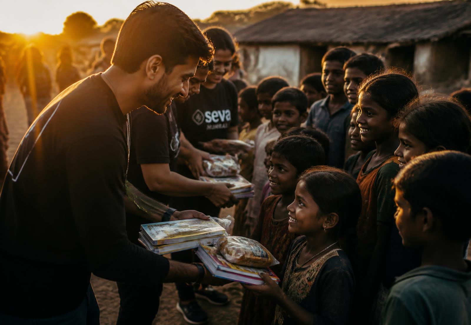 Volunteers handing food packets and books to smiling village children at sunset